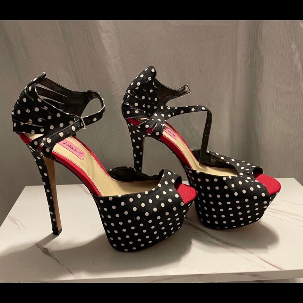 Betsey Johnson black and white polkadot platform heels